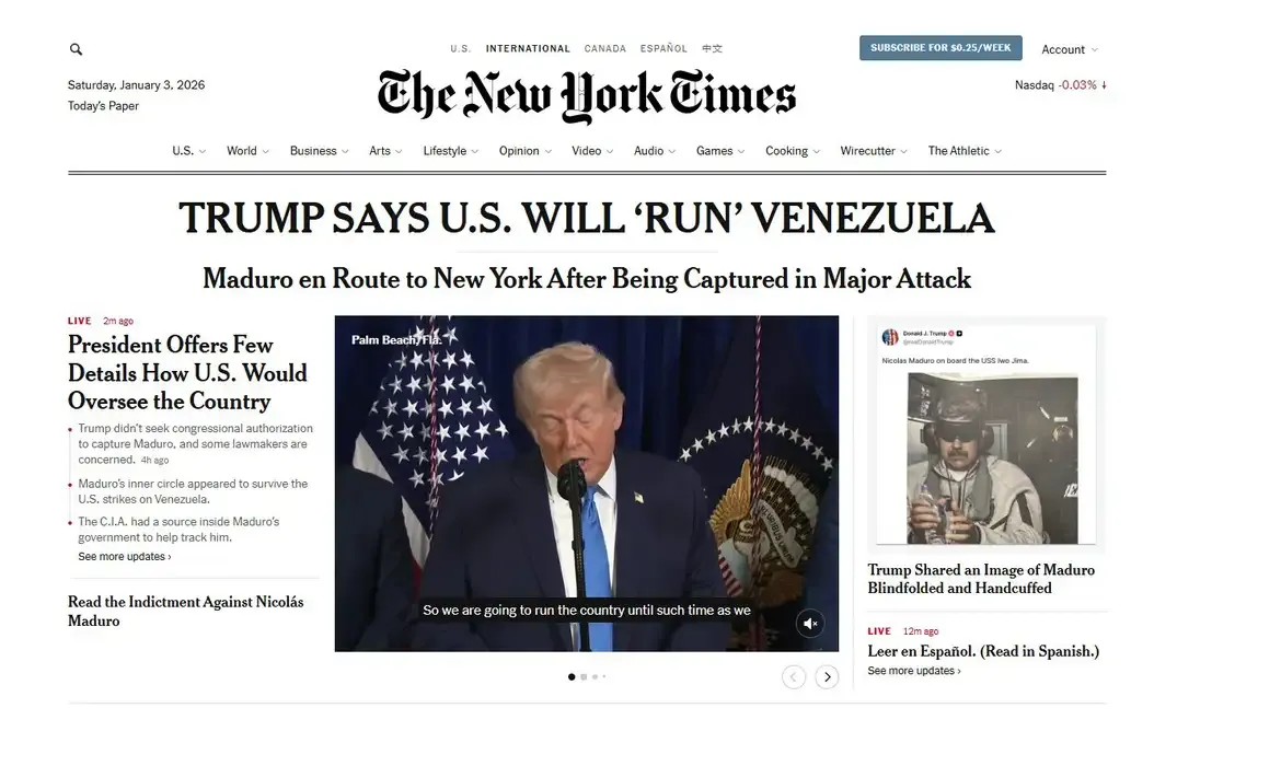 Ataque de Trump à Venezuela é ilegal e imprudente, diz New York Times
